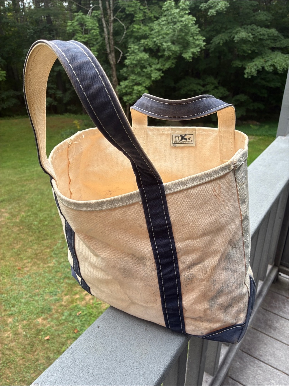 Vintage 90s L.L. Bean Boat and Tote Medium Open Top Cream Blue Made in USA